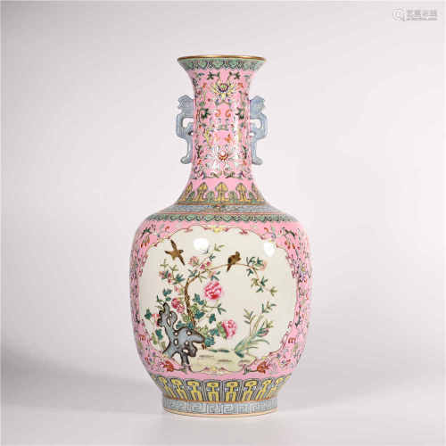 Qianlong famille rose double ear vase