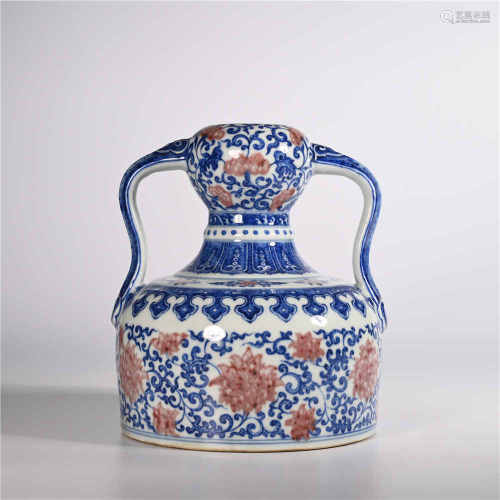 Qianlong blue and white glaze red double ear pot