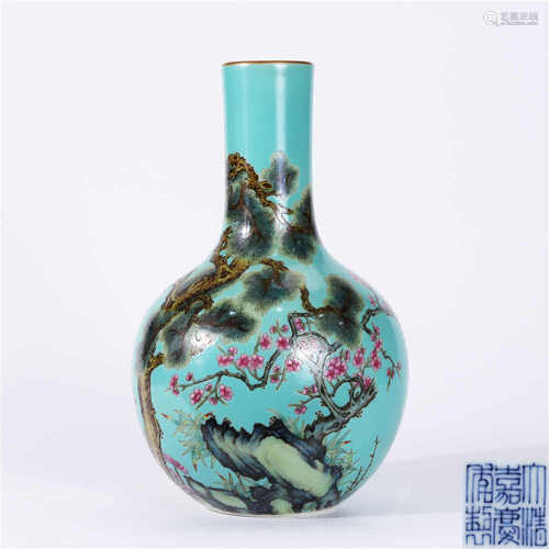 Qing Dynasty Jiaqing Qingdi famille rose celestial vase with pine, bamboo and plum pattern