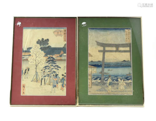 2 Japanese Hiroshige Woodblock, Paintings on Cloth