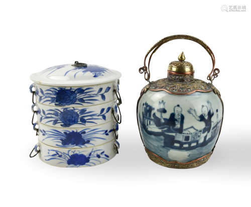 Chinese Blue&White Stack Box & Mounted Jar,19th C.
