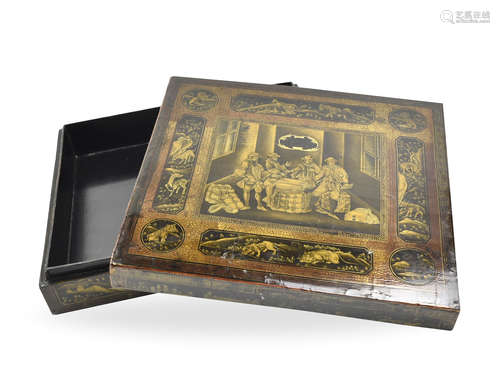 Chinese Lacquer Wood Box w/ European Painting