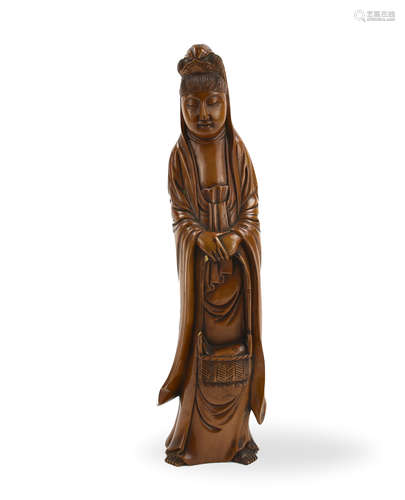 Chinese Boxwood Guanyin Statue, Signed,Qing D.