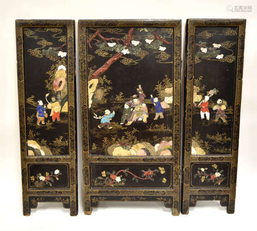 3 Chinese Lacquered Screen inlaid w/ Gems & Jade