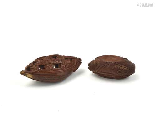 Two Chinese Wood Carving Boat w/ Poetry