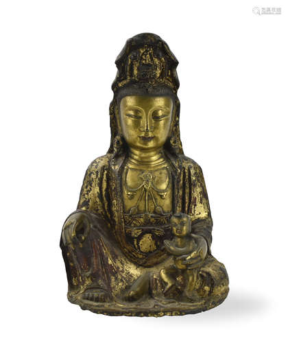 Chinese Gilt Lacquer Bronze Songzi Guanyin ,Ming D