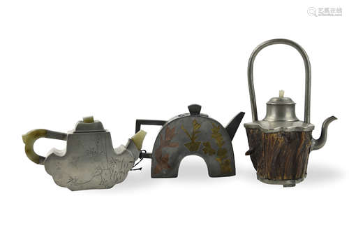 Group of 3 Pewter Teapot and Covers,Qing D.