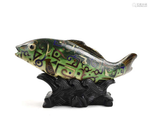 Chinese Cloisonne Enamel Fish & Wood Base