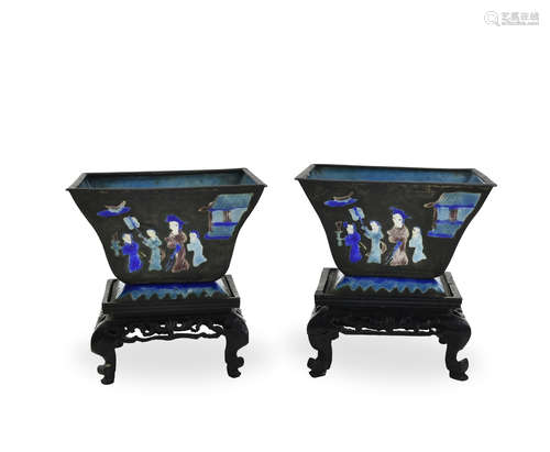 Pair of Chinese Blue Enameled Square Cups