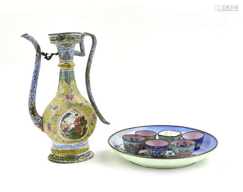 Set of (8) Canton Enamel Cups,Plate & Ewer ,19th C