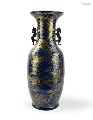 Large Chinese Gilt and Blue Glazed Vase, 19th C.