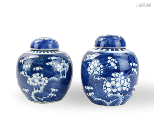 Pair of Chinese Blue White Porcelain Jars w/ Lids