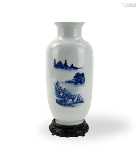 Chinese Blue & White Vase w/ Landscape, Qianlong P