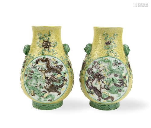 Pair of Chinese Sancai Glazed Dragon Vases,ROC P.