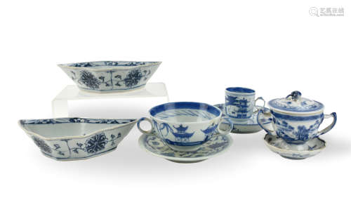Group of Chinese B&W Saucers, Cups & Dishes,19th C