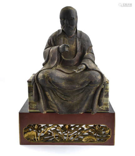 Japanese Carved Wood Luohan on Stand, Edo Period