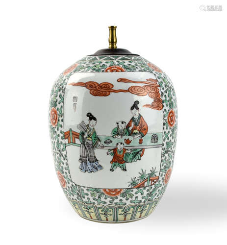 Chinese Famille Verte Jar w/ Figures, 19th C.