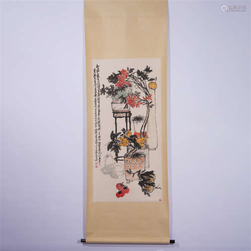 CHINESE HANGING SCROLL PAINTING OF FLOWERS AND FRUITS