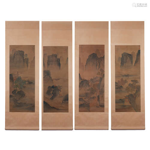SET OF FOUR CHINESE HANGING SCROLLS PAINTINGS OF LANDSCAPES