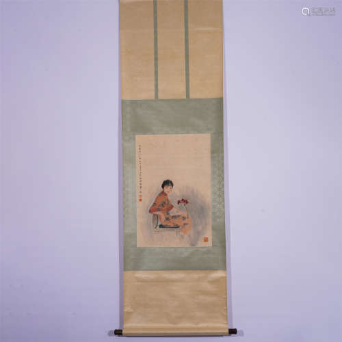 CHINESE HANGING SCROLL PAINTING OF LADY SEATING ON A CHAIR