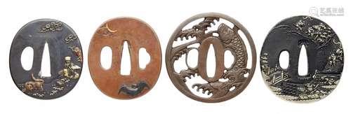 Vier tsuba. Weichmetall. 19. Jh.