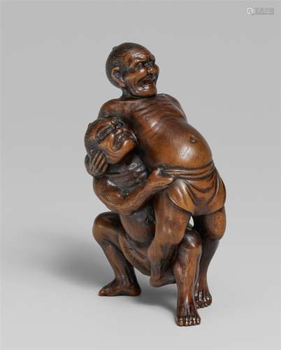 Okimono-Netsuke von zwei Ringern. Buchsbaum. 19. Jh.