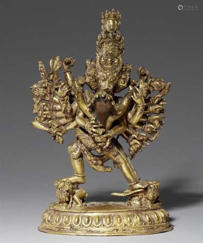 Yamantaka Vajrabhairava in yab-yum. Feuervergoldete Bronze. Nepal. 18. Jh.