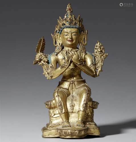 Feine Figur des Maitreya. Feuervergoldete Bronze. Tibet. 17./18. Jh.