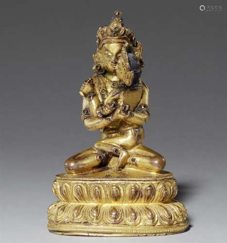 Vajradhara mit Prajnaparamita. Feuervergoldete Bronze. Tibet. 16./17. Jh.