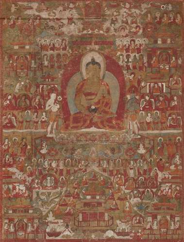 Thangka des Amitabha in seinem Westlichen Paradies Sukhavati. Tibet 15. Jh. oder später