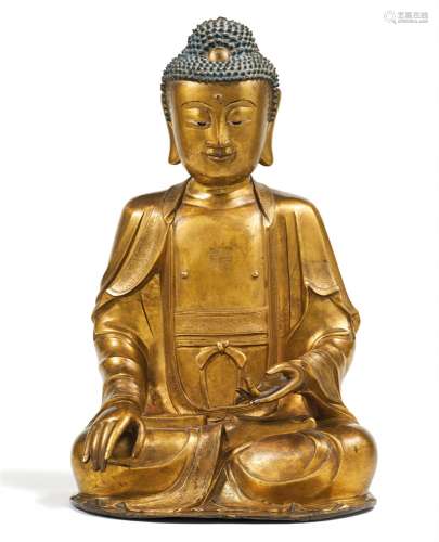 Große vergoldete Bronze Figur des Buddha Shakyamuni. 17./18. Jh.