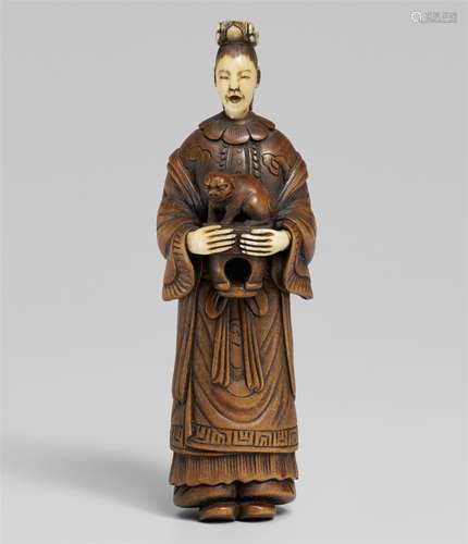 Shunga-Netsuke einer chinesischen Dame mit shishi. Buchsbaum und Elfenbein. 19. Jh.