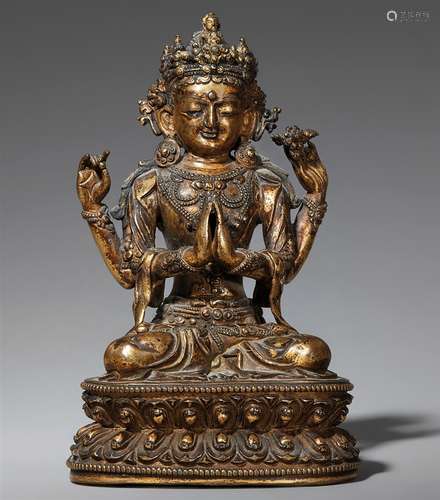 Avalokiteshvara Shadakshari. Feuervergoldete Bronze. Tibetochinesisch. Ming-Zeit, 16. Jh.