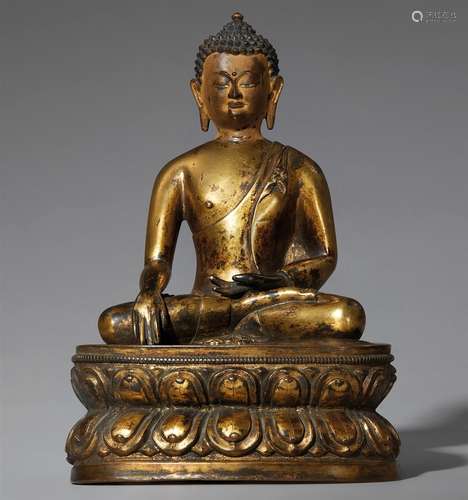 Buddha Shakyamuni mit Vajra. Feuervergoldete Bronze. Tibet. 16. Jh.