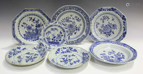 A collection of Chinese blue and white export porcelain dishes, 18th century, including a pair of