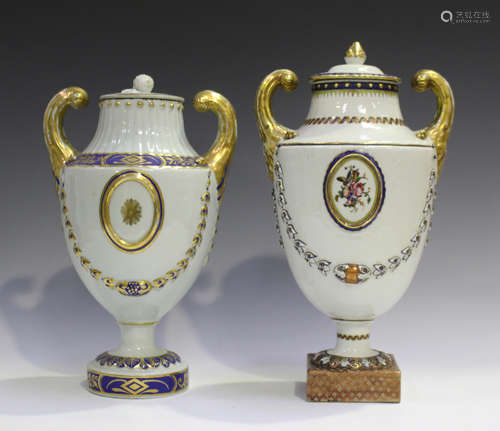 A near pair of Chinese export porcelain urns and covers, late Qianlong period, each body moulded