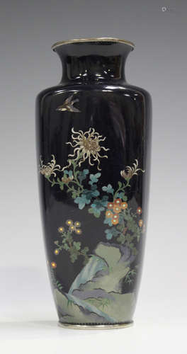 A Japanese silver wire inlaid cloisonné vase, Meiji period, of shouldered square tapering form,