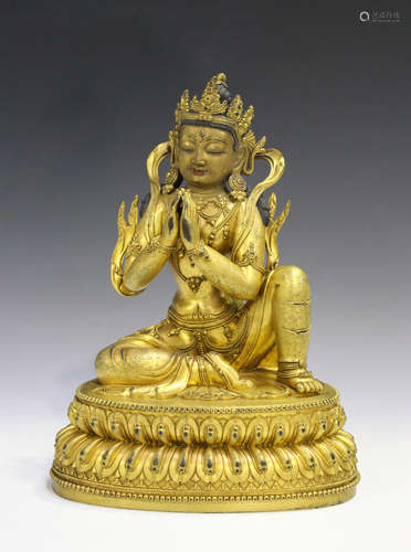 A Chinese gilt bronze figure of a bodhisattva, mark of Yongle but probably 20th century, modelled in