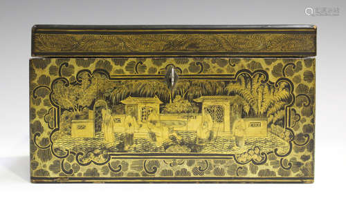 A Chinese Canton export lacquer tea caddy, mid-19th century, of rectangular form, the exterior