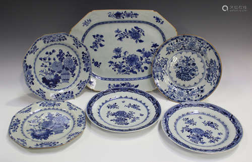 A Chinese blue and white export porcelain meat dish, Qianlong period, painted with flower sprays,