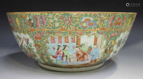 A Chinese Canton famille rose medallion porcelain punch bowl, mid-19th century, typically painted to