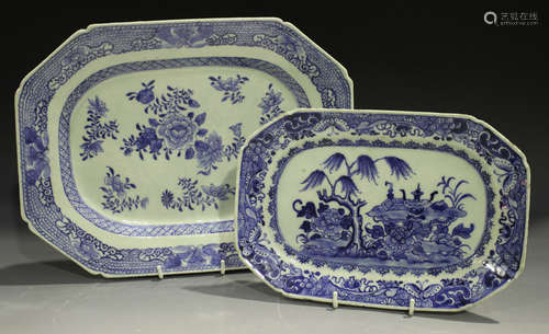 A Chinese blue and white export porcelain meat plate, Qianlong period, painted with flowers,