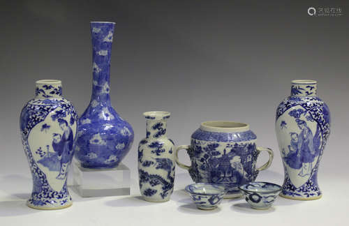 A small group of Chinese blue and white porcelain, including a pair of baluster vases, late 19th