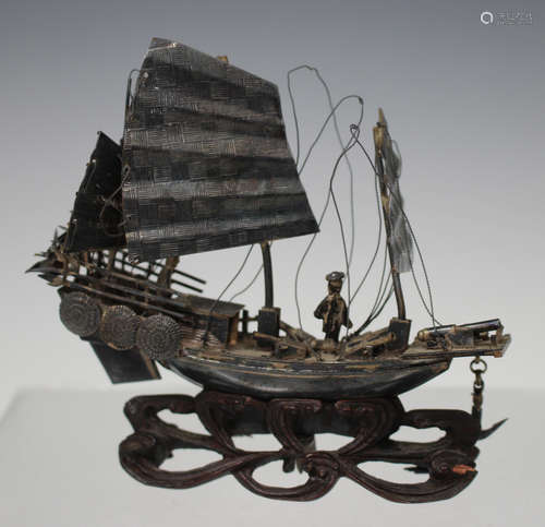 A Chinese silver model of a gunboat by Wang Hing, early 20th century, modelled with three-masted