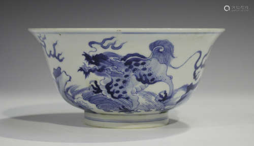 A Chinese blue and white Kangxi style porcelain bowl, mark of Jiajing but modern, the exterior