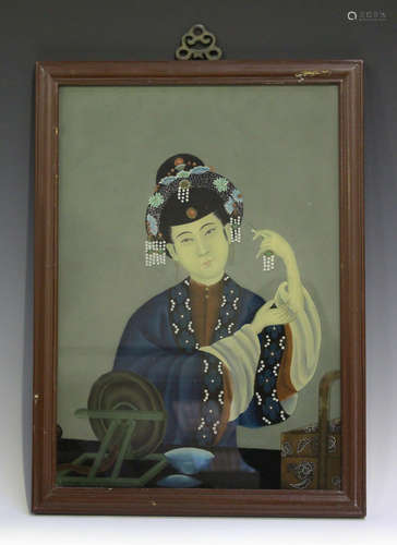 A Chinese reverse painting on glass, 20th century, depicting a half-length portrait of a maiden,