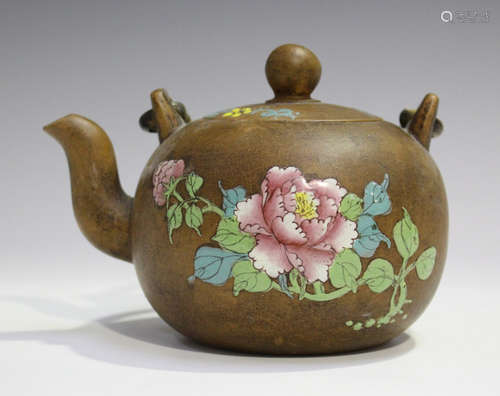 A Chinese enamelled Yixing stoneware teapot and cover, late Qing dynasty, the globular body