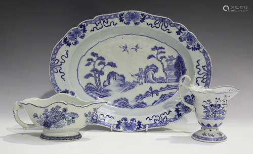 A Chinese blue and white export porcelain sauceboat, Qianlong period, of silver shape, painted