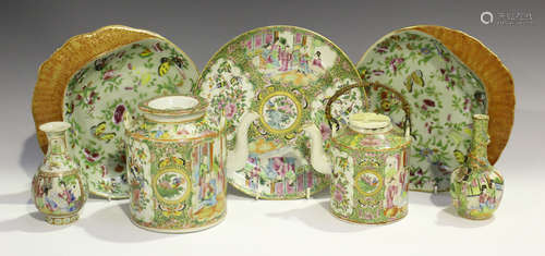 A pair of Chinese Canton famille rose enamelled celadon ground porcelain dessert dishes, mid-19th