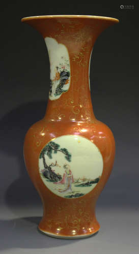 A Chinese famille rose and iron red glazed porcelain vase, mark of Qianlong but probably late Qing